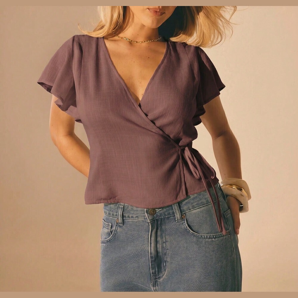 Mauve Wrap Blouse with Flutter Sleeves and Tie Waist